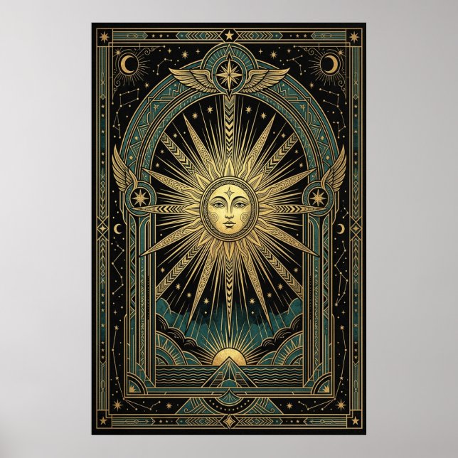 Art Deco Celestial Sun Face Poster | Gold Teal (Devant)
