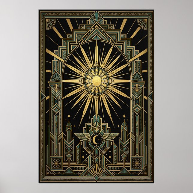 Art Deco Celestial Sun & Moon Poster | Gold Geomet (Devant)