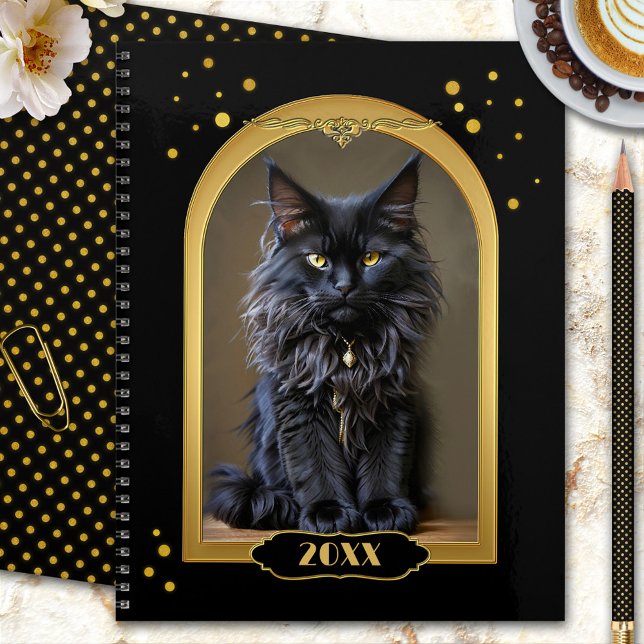 Art Déco Chat Noir Or (A boho chic design gold and black year planner with a majestic black cat)