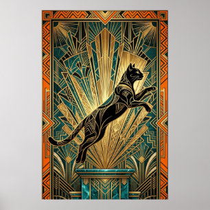 Art Déco Chat Noir Sautant sur un Mur