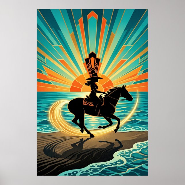 Art Deco Cowgirl Horse Beach Waves Sunset Poster (Devant)