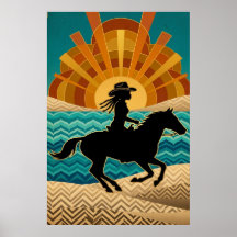 Art Deco Cowgirl Horse Sunset Teal Orange Poster