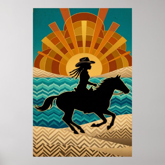 Art Deco Cowgirl Horse Sunset Teal Orange Poster (Devant)
