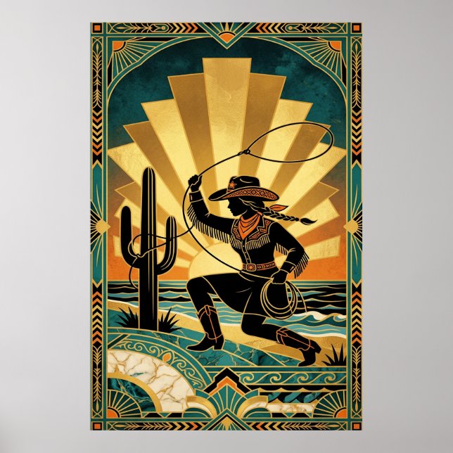 Art Deco Cowgirl Lasso Cactus Desert Sunset Poster (Devant)