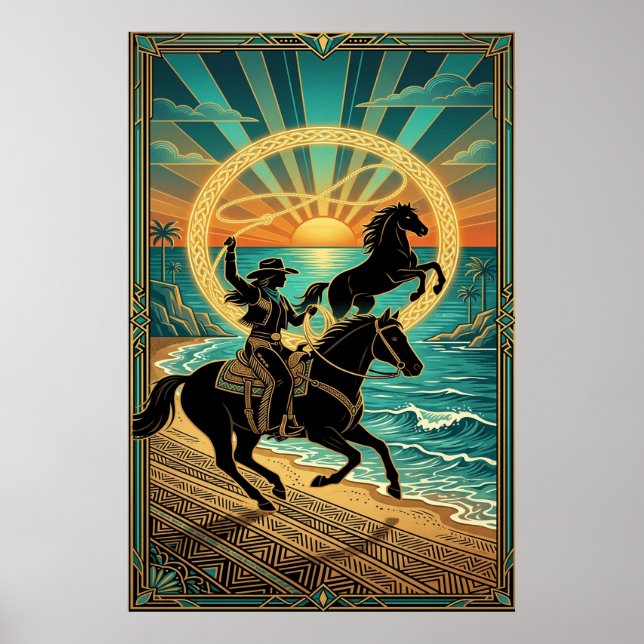 Art Deco Cowgirl Lasso Horse Beach Sunset Poster (Devant)