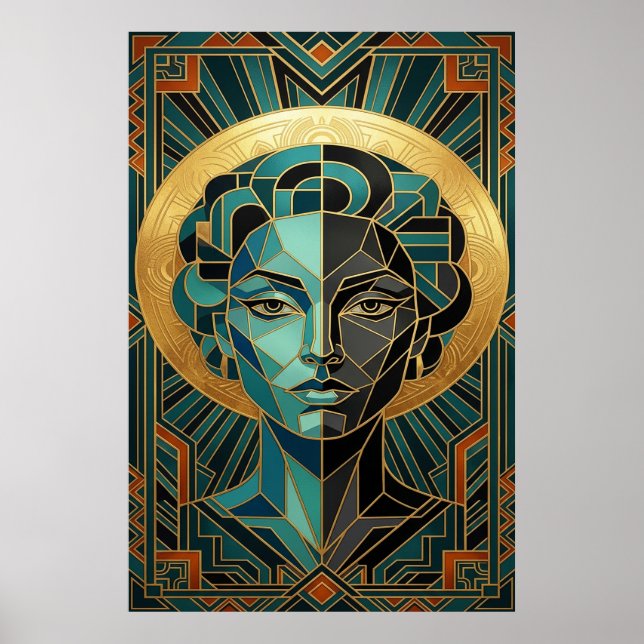 Art Deco Cubist Woman Face Gold Teal Poster (Devant)