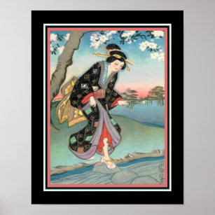 Art Déco des années 1930 "Geisha Crossing a Stream