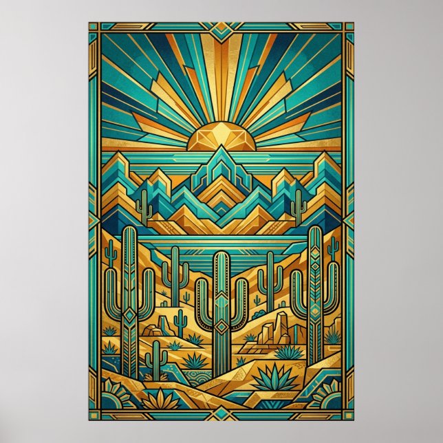Art Deco Desert Sunset Poster - Geometric Saguaro  (Devant)