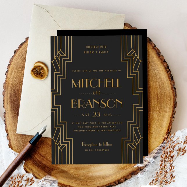 Art Déco Faire-part de mariage Gold Black Gay Mari (Créateur téléchargé)