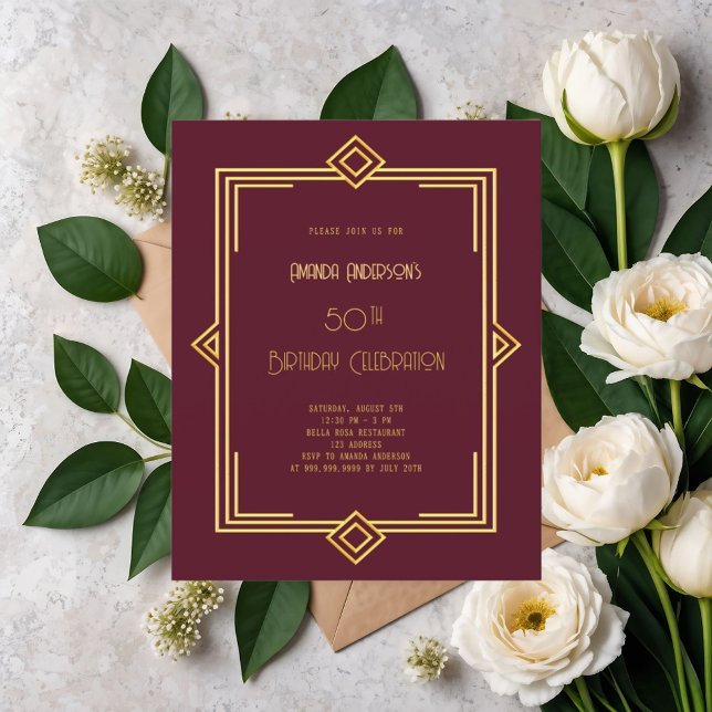 Art Déco Gatsby Bourgogne or invitation anniversai (Créateur téléchargé)