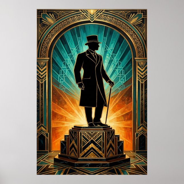 Art Deco Gentleman Silhouette Top Hat Cane Poster (Devant)
