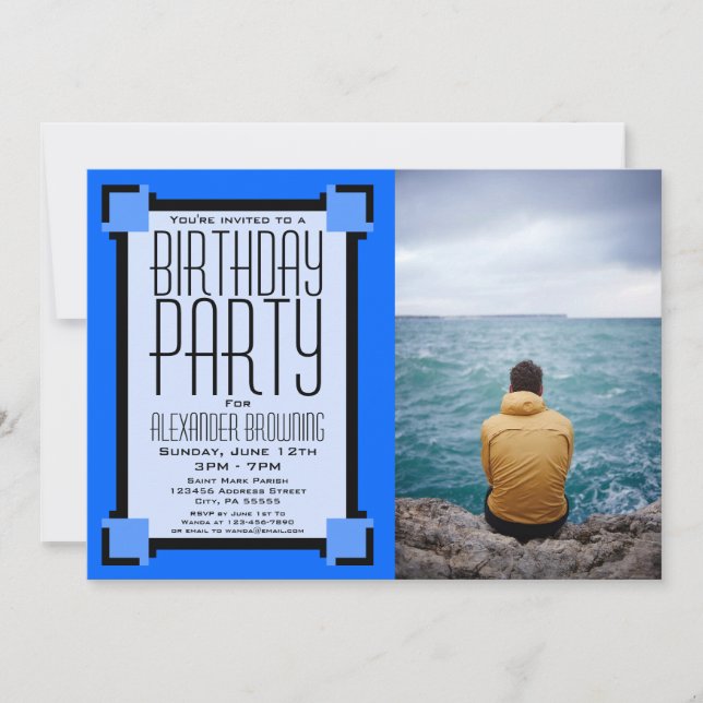 Art Déco Géométrique Bleu Invitation de fête d'ann (Devant)
