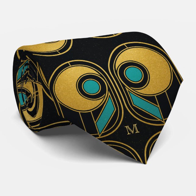 Art Déco Géométrique Or Turquoise Cravate Élégant  (Roulé)