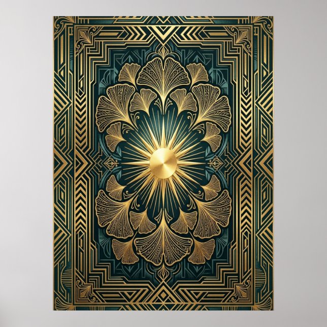Art Deco Ginkgo Leaf Sunburst Poster | Gold Teal  (Devant)