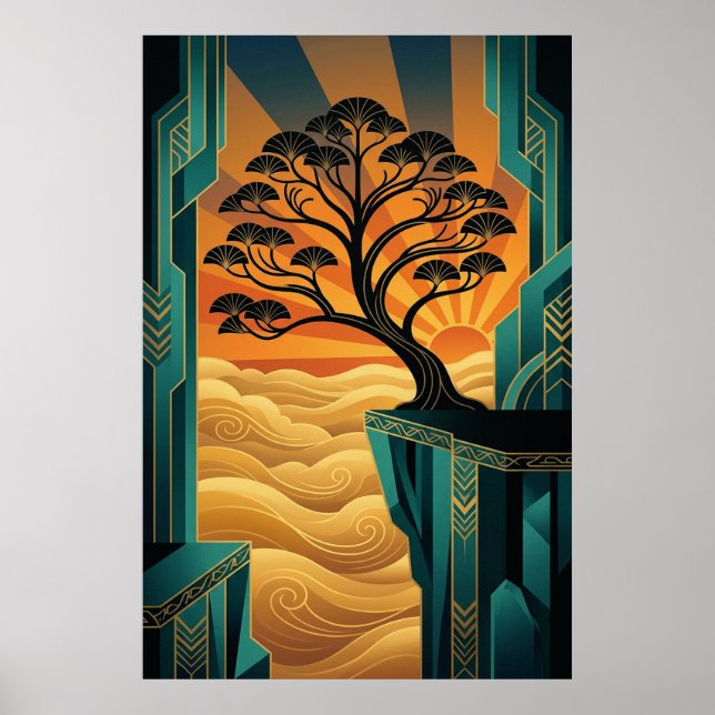Art Deco Ginkgo Tree Ocean Cliff Gold Teal Poster (Devant)