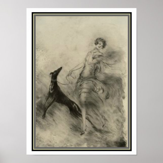 Art Déco "Girl with Dog" par Louis Icart 12 x 16 (Devant)