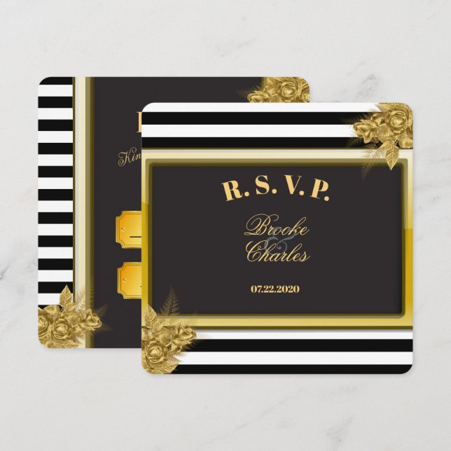 Art Déco Gold Roses & Stripes Mariage Cartes RSVP (Devant / Derrière)
