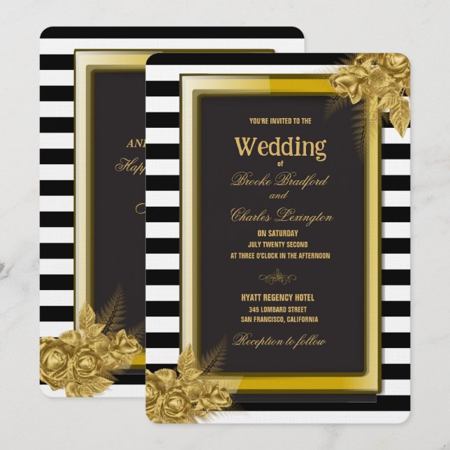 Art Déco Gold Roses & Stripes Mariage Invitations (Devant / Derrière)