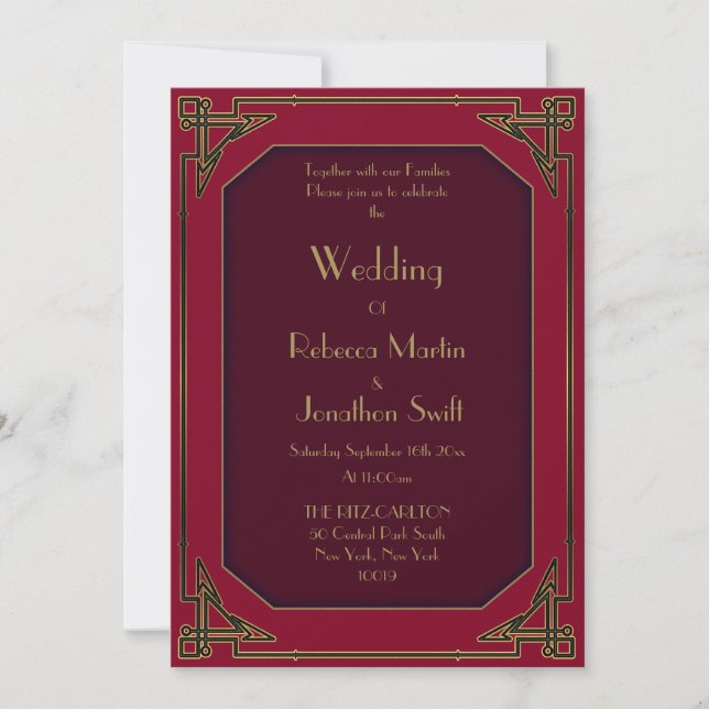 Art Déco Gold sur Red Vintage Wedding Invitation (Devant)