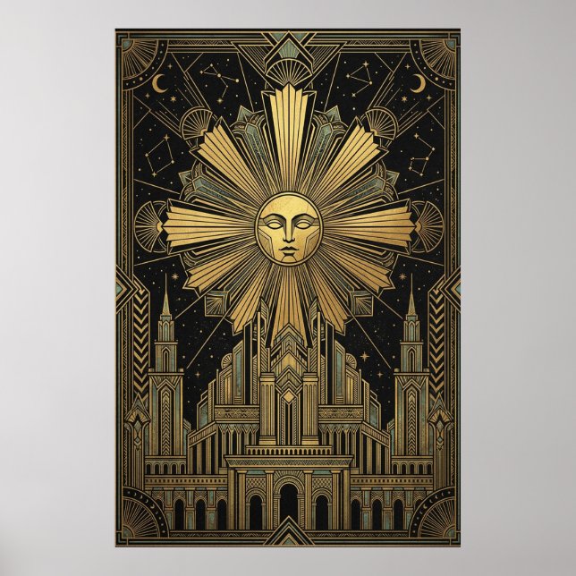 Art Deco Golden Sun Face Palace Poster | Celestial (Devant)