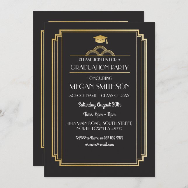 Art Déco Graduation Party Invitation Gold 1920s Ga (Devant / Derrière)