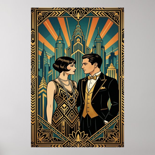 Art Deco Great Gatsby Couple City Skyline Poster (Devant)