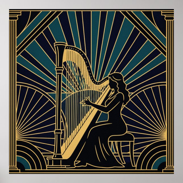 Art Deco Harpist Silhouette Poster Gold and Black  (Devant)
