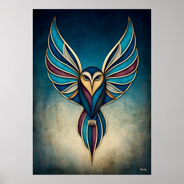 Art Déco Hibou Abstrait Géométrique Oiseau Art Mur (Devant)