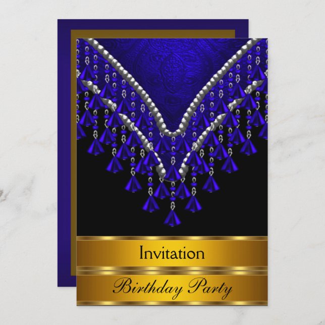Art Déco Invitation fête d'anniversaire Royal Blue (Devant / Derrière)