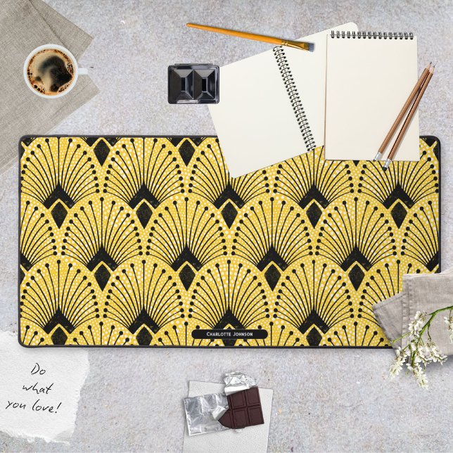 Art Déco Jaune Noir Blanc Rétro Motif Peacock (Art Deco Yellow Black White Retro Peacock Pattern Desk Mat ©Susanne Sachers - Sunny Mind 🌞)