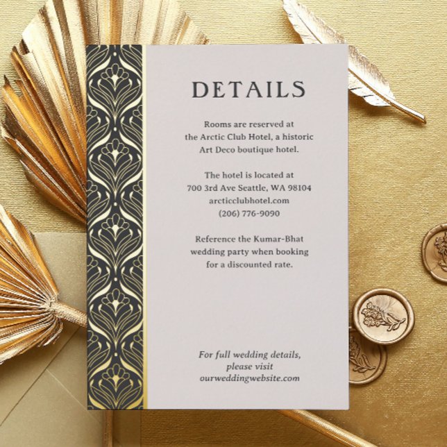 Art Deco Lotus Gold Détails Mariage Carte de boîti (art deco wedding details enclosure card, indian wedding invitation suite, gold foil hotel info card)