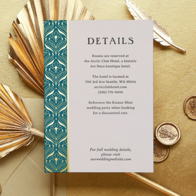 Art Deco Lotus Gold Détails Mariage Carte de boîti (art deco wedding details enclosure card, indian wedding invitation suite, gold foil hotel info card)