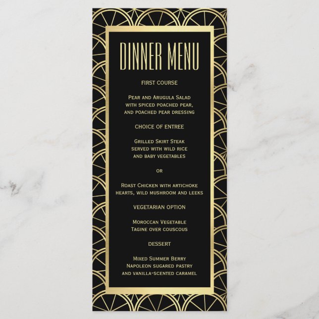 Art Déco Mariage Black and Gold Slim Dinner Menu (Devant)