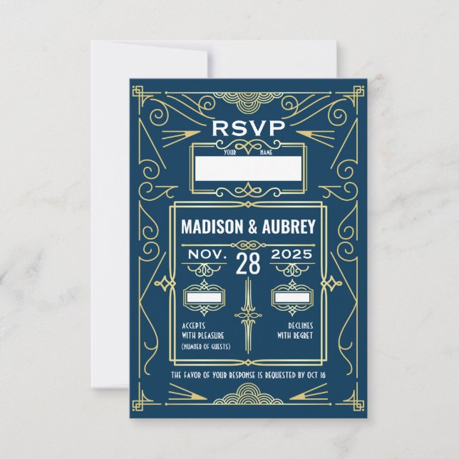 Art Déco Mariage Classy Gold Blue Réponse RSVP (Devant)