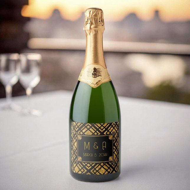 Art Déco Mariage noir et or Étiquette de bouteille (Créateur téléchargé)