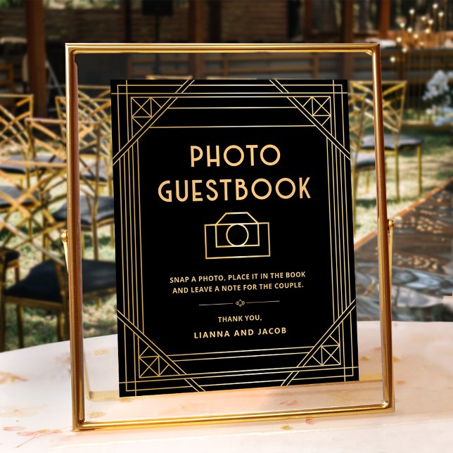 Art Déco Mariage Photo Guestbook Black Gold Sign (Créateur téléchargé)