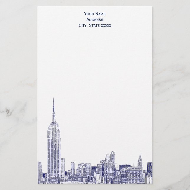 Art Déco Marine Bleu NYC Skyline Etch 01 Papeterie (Devant)