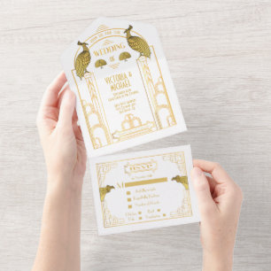Art Déco Peacock Gold & White Wedding Invitations