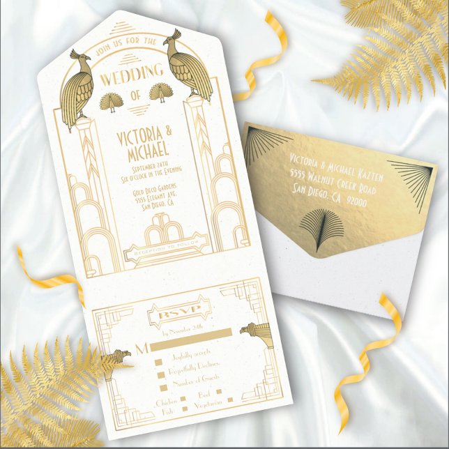 Art Déco Peacock Gold & White Wedding Invitations (Créateur téléchargé)
