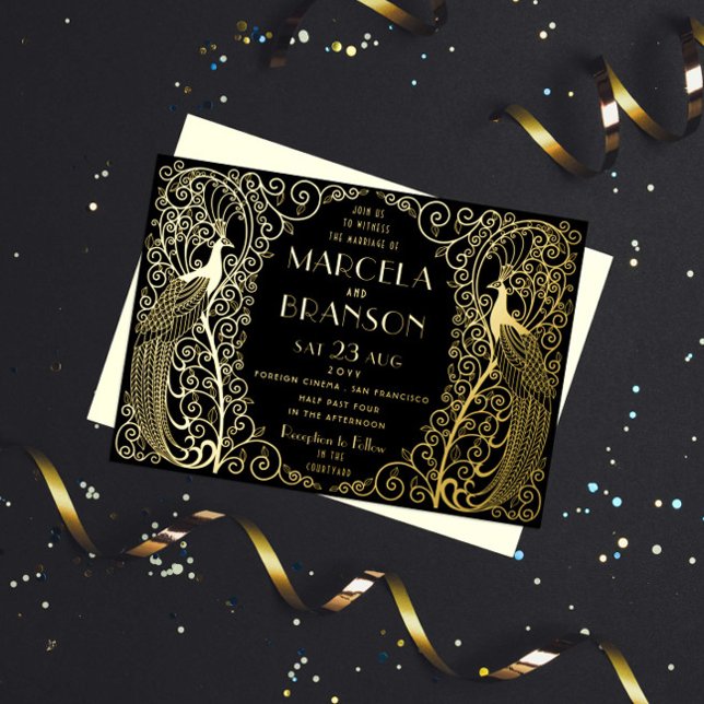 Art Déco Peacocks Mariage Gold Foil Invitation (Créateur téléchargé)