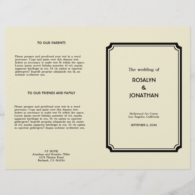 Art déco rétro Hollywood programme de mariage glam (Devant)