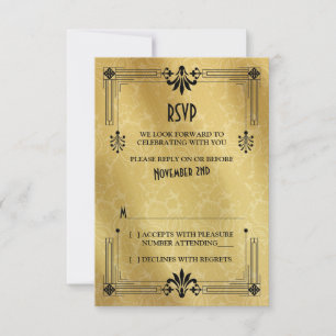 Art Déco Roaring 20s Black Gold Wedding Carte RSVP