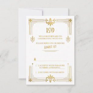 Art Déco Roaring 20s Gold White Wedding Carte RSVP