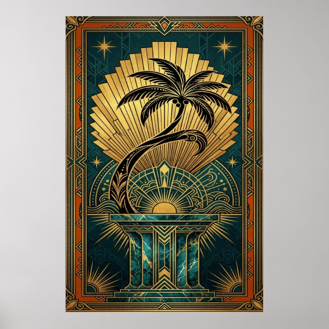 Art Deco Symmetrical Tree of Life Gold Teal Poster (Devant)
