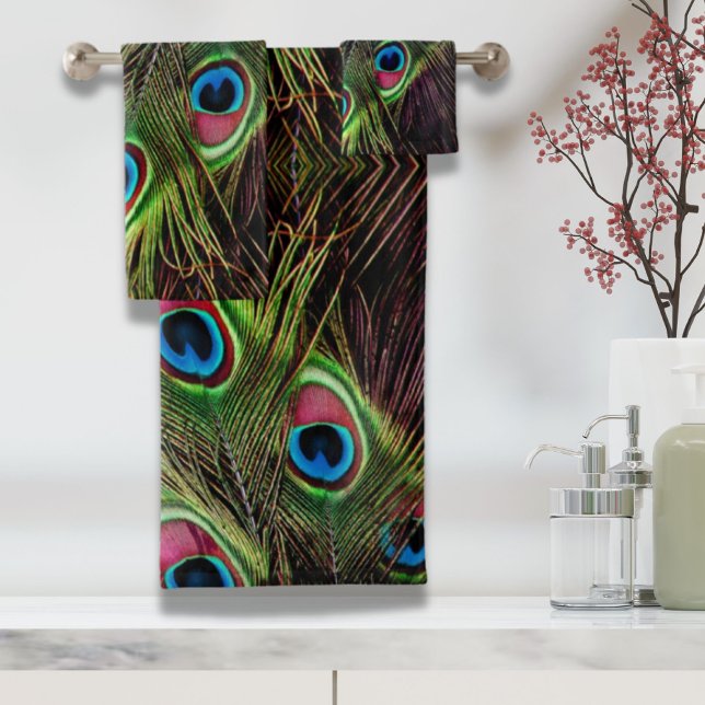 art déco vert turquoise turquoise plumes paon (art deco teal green turquoise peacock feather bath towel set)