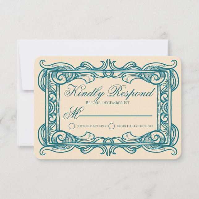 Art Deco Vintage Teal Champagne Wedding RSVP Card (Devant)