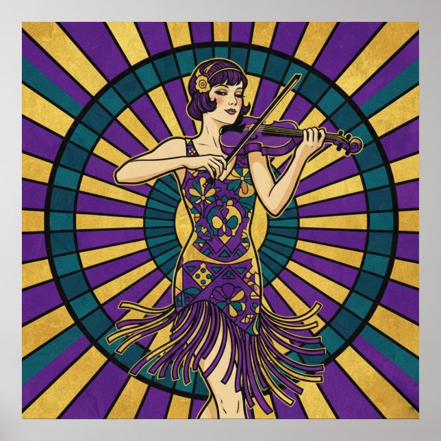 Art Deco Violinist Poster Purple and Gold Flapper  (Devant)