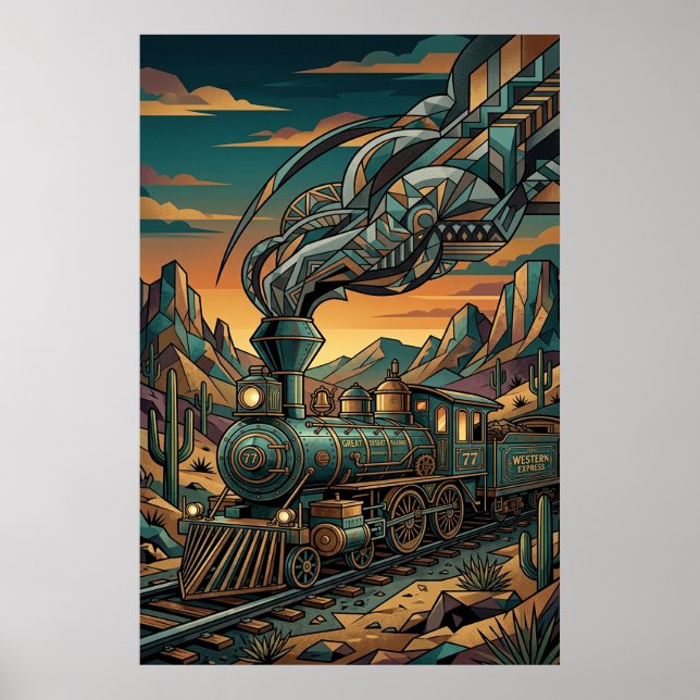 Art Deco Western Express Poster - Geometric Train  (Devant)