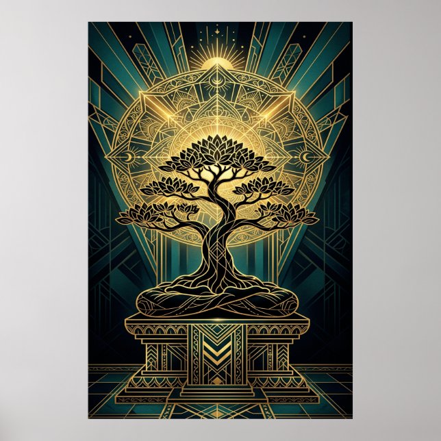 Art Deco Zen Bonsai Tree Mandala Gold Teal Poster (Devant)
