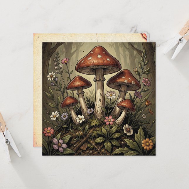 Art Fleurs sauvages et champignons rouges vintage (Devant/Arrière en situation)